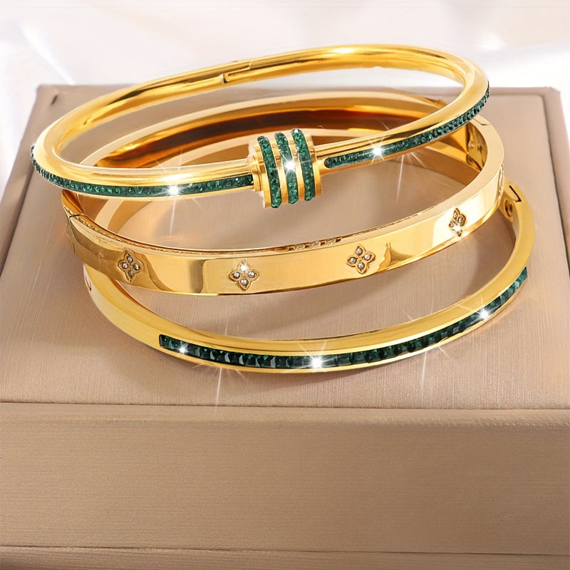 Boho Style Stainless Steel Bracelet Set 18K Golden Plating & Rhinestone Accents